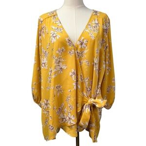 West Kei Floral Wrap Front Style Blouse Tie Yellow Womens 1X Spring Boho